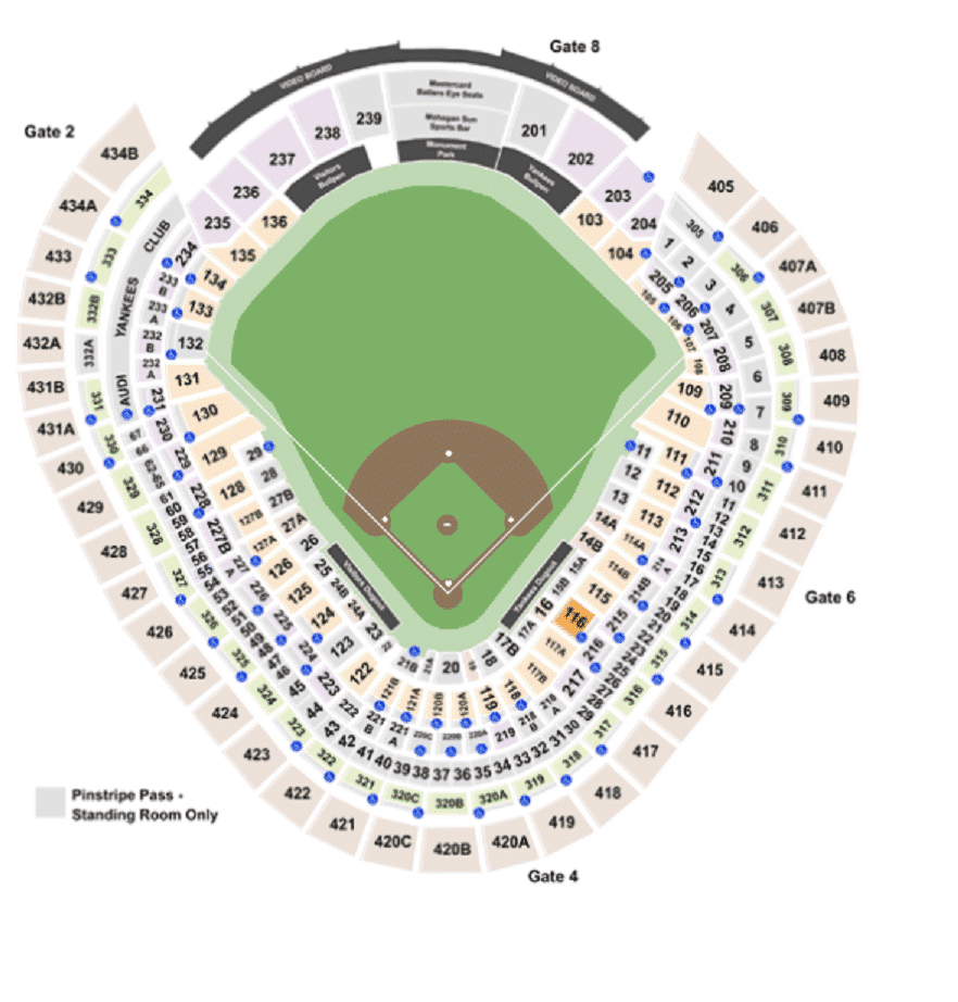 Mapa asientos Yankee Stadium, Bronx Nueva York